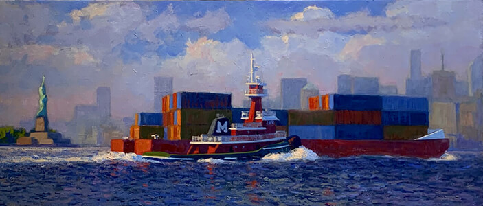 painting entitled Liberty, Tug, Skyline by Joseph Peller.